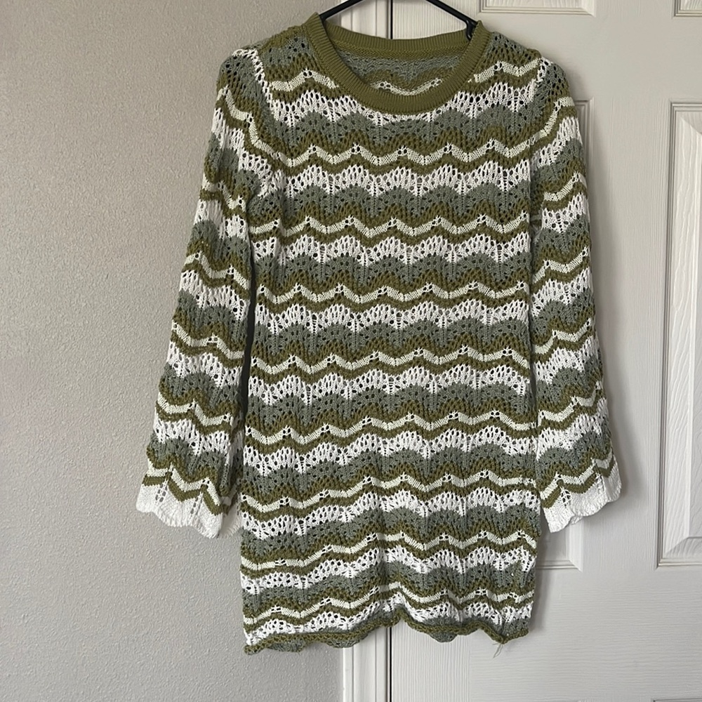 Knit dress-Hippie vibe -small/medium green & white stripes long shirt/mini dress